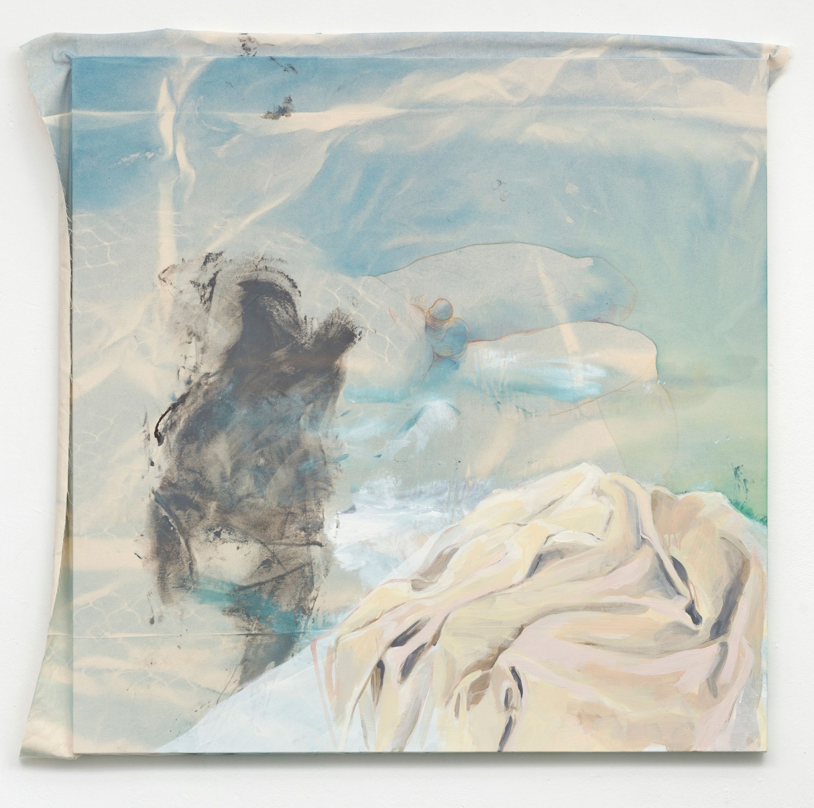 Kim Nekarda: untitled, 2020, vinyl color, ink & body print on cotton, 134 x 143 x 6 cm