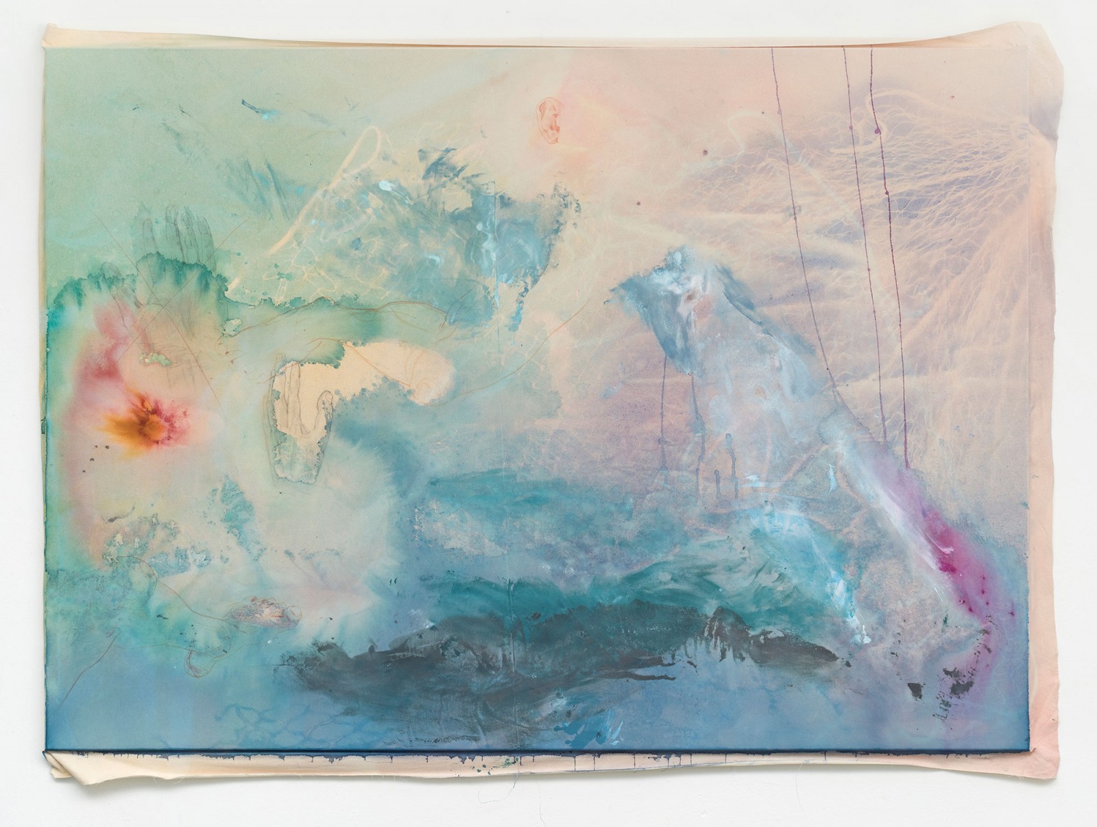 Kim Nekarda: untitled, 2020, vinyl color, ink, crayon & body print on cotton, 161 x 218 x 5 cm