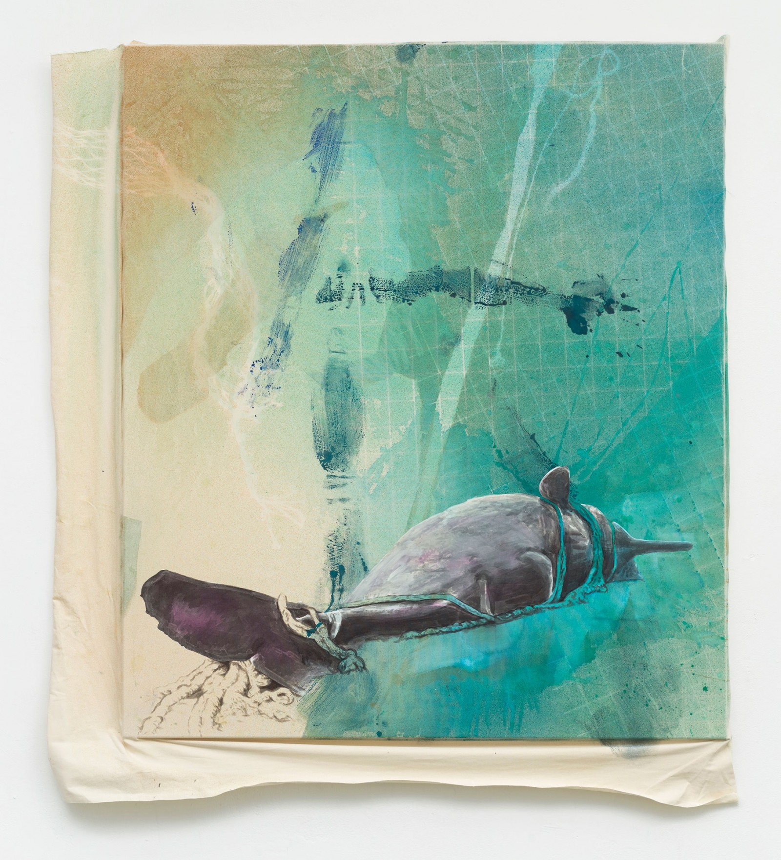 Kim Nekarda: marooned in daylight, 2020, vinyl color & body print on cotton, 166 x 138 x 17 cm