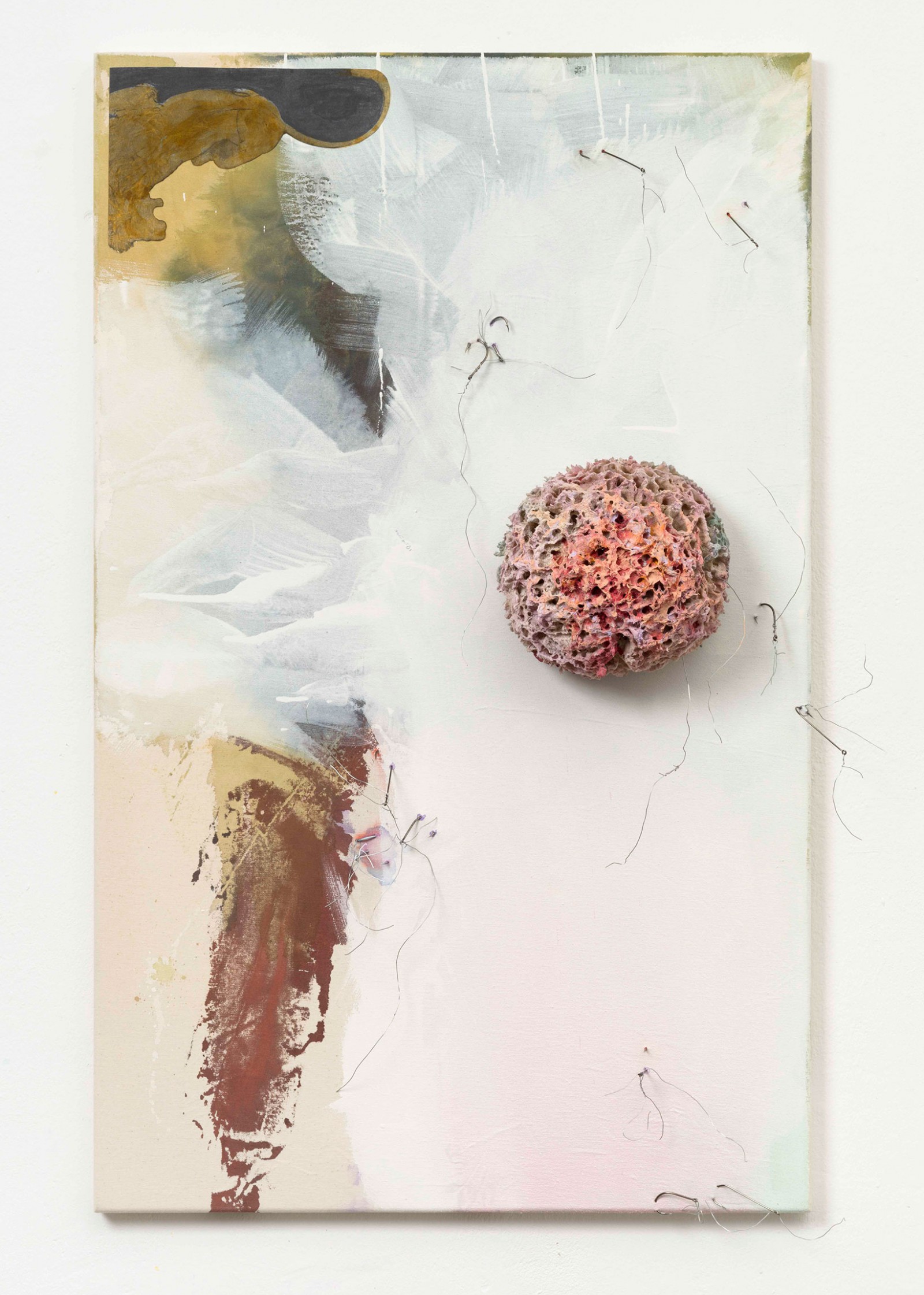Kim Nekarda: untitled, 2021, vinyl & acrylic color, ink, sponge, hooks, wire, photocopy & body print on cotton, 114 x 71 x 19 cm
