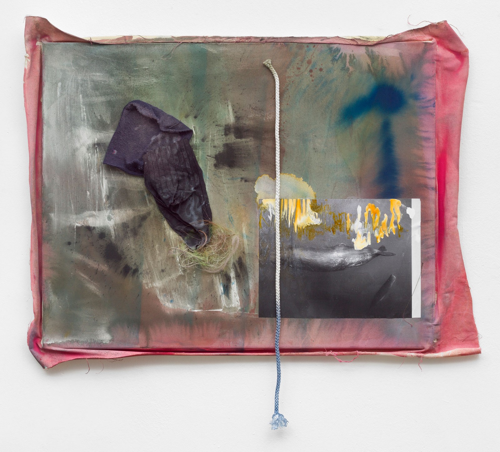Kim Nekarda: untitled, 2021, vinyl color, ink, photocopy, rope & fabric on cotton, 80 x 104 x 7 cm