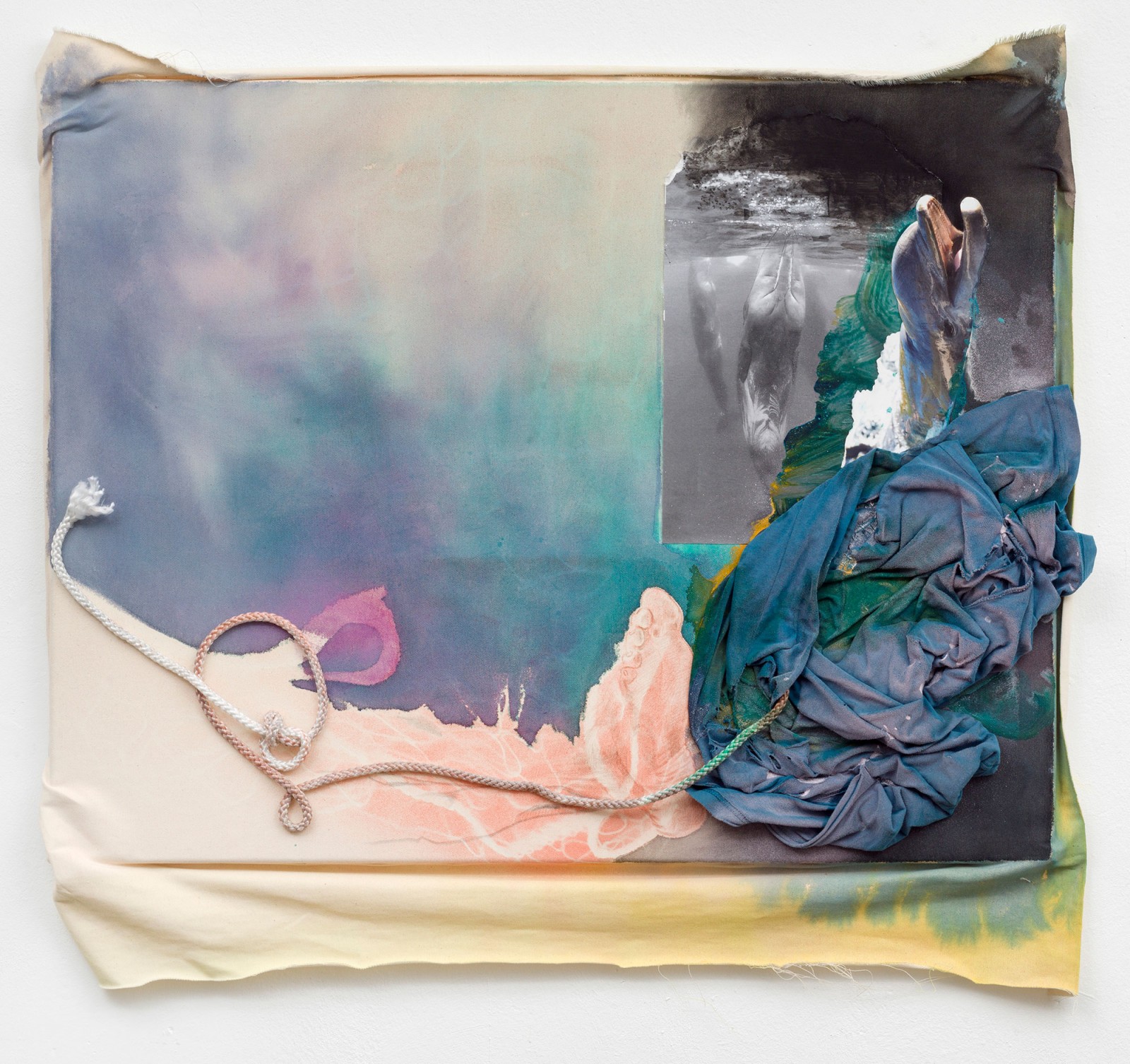 Kim Nekarda: untitled, 2021, vinyl color, ink, crayon, photocopy, rope & fabric on cotton, 85 x 94 x 7 cm