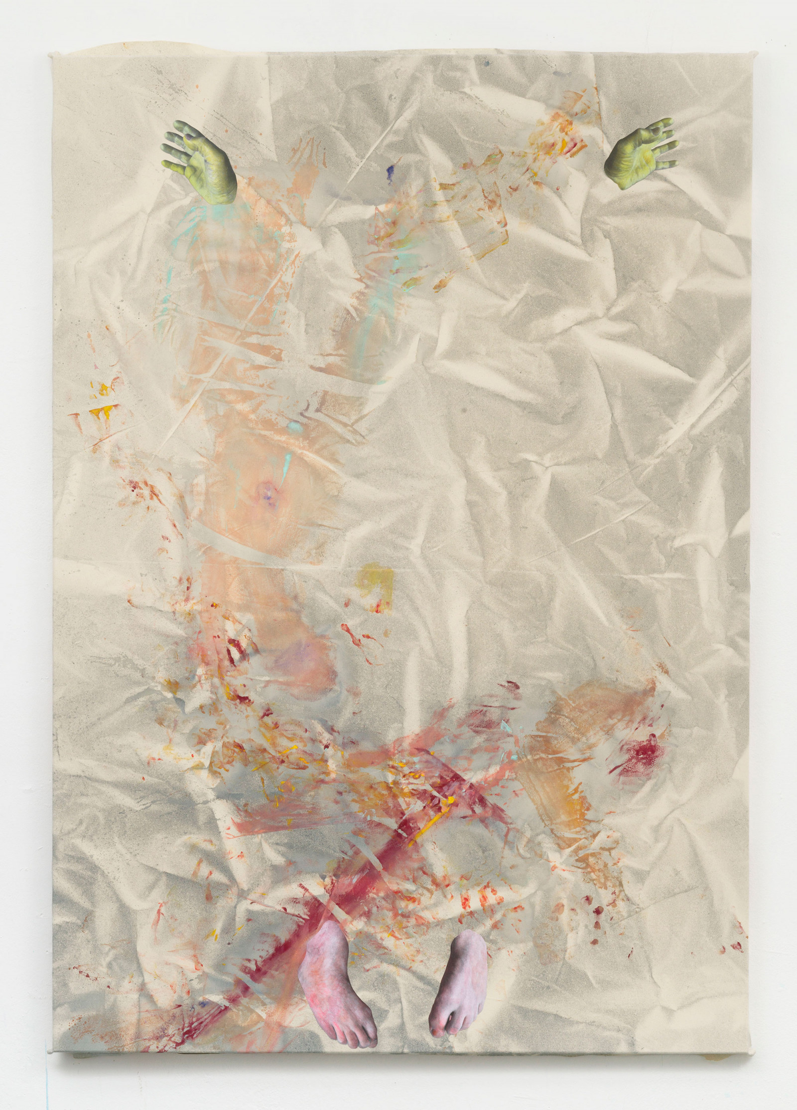 Kim Nekarda: untitled, 2023, vinyl color, watercolour, bodyprint & photocopy on cotton, 204 x 143 cm