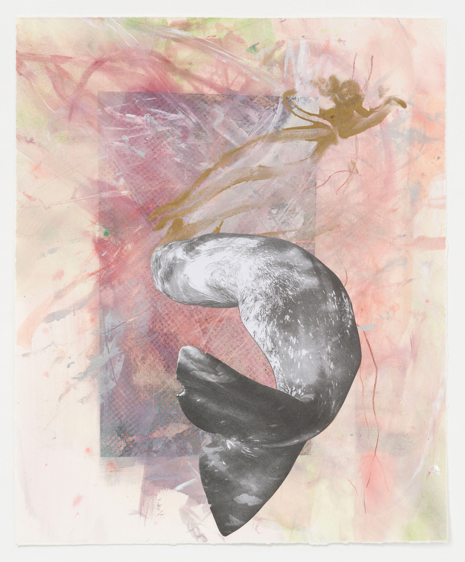 Kim Nekarda: untitled, 2024, watercolour, acrylic, crayon, bodyprint & photocopy on paper, 58,5 x 48 cm