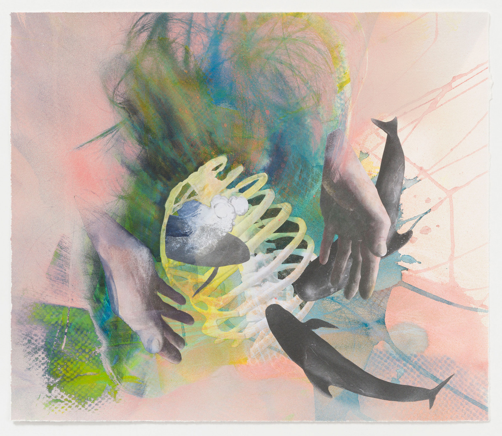 Kim Nekarda: untitled, 2024, watercolour, acrylic, ink & photocopy on paper, 47 x 55 cm