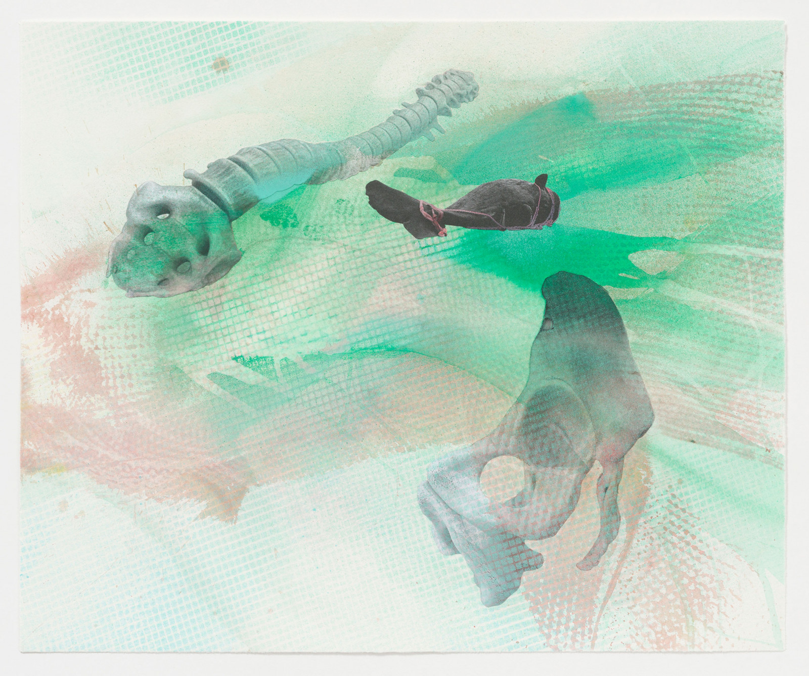 Kim Nekarda: untitled, 2024, watercolour, acrylic & photocopy on paper, 47 x 57 cm