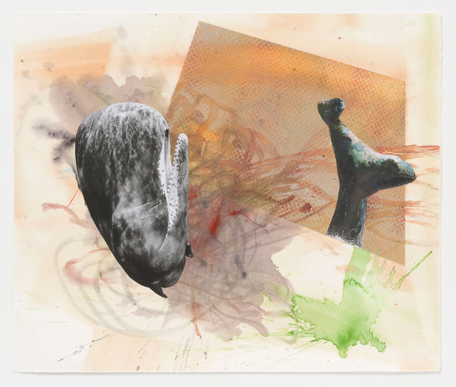 Kim Nekarda: untitled, 2024, watercolour, acrylic, crayon, bodyprint & photocopy on paper, 48 x 57 cm