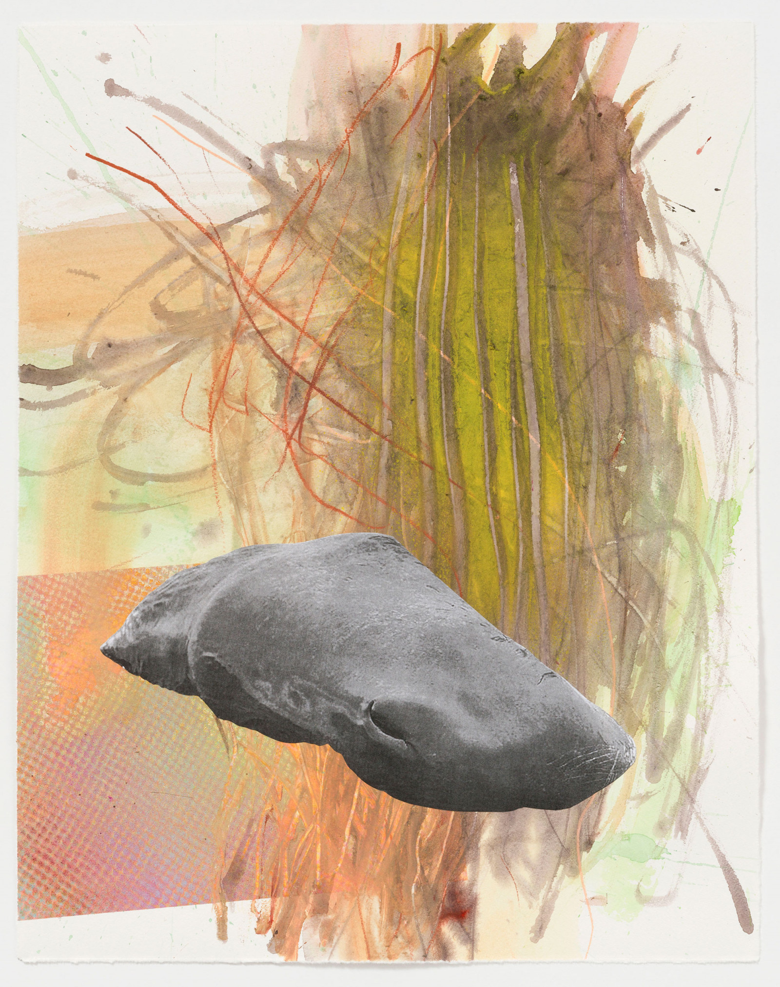 Kim Nekarda: untitled, 2024, watercolour, acrylic, crayon, bodyprint & photocopy on paper, 58 x 45,5 cm