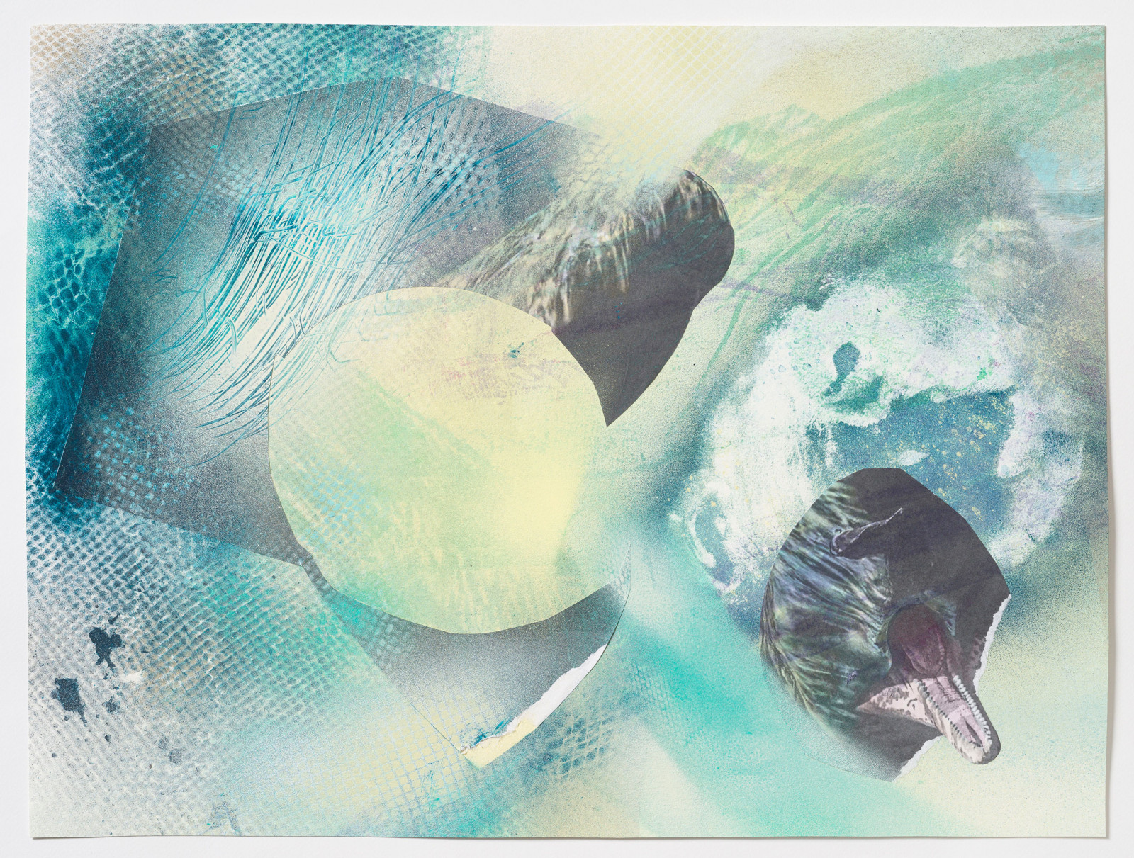 Kim Nekarda: untitled, 2025, watercolour, acrylic, vinyl color, bodyprint & photocopy on paper, 46,5 x 61,5 cm