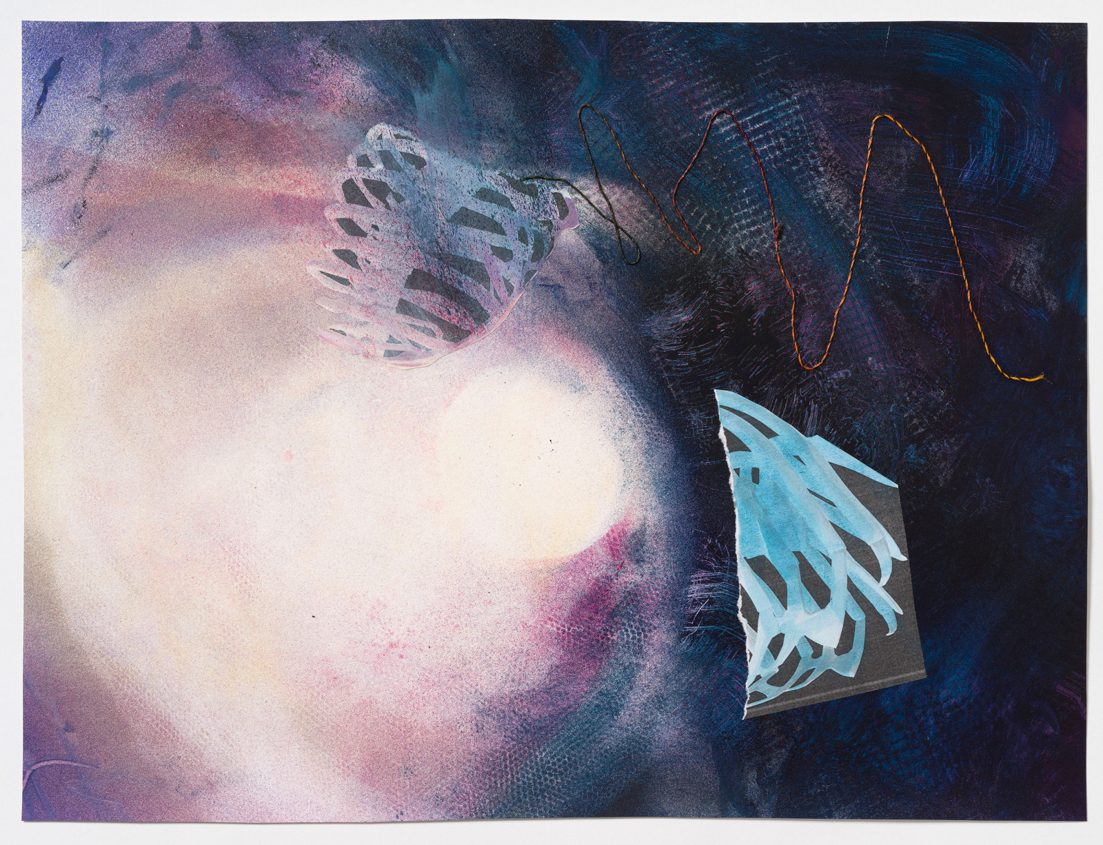 Kim Nekarda: untitled, 2025, watercolour, acrylic, string & photocopy on paper, 47 x 62 cm