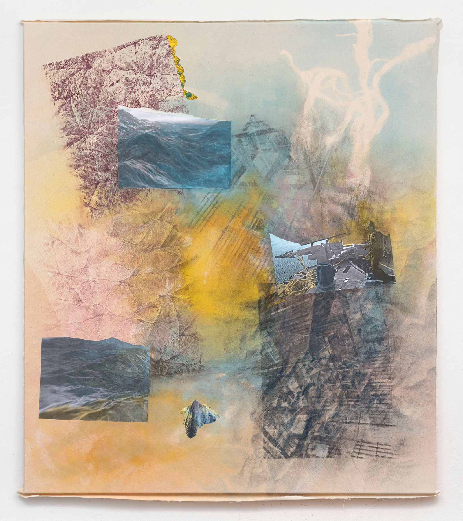 Kim Nekarda: untitled, 2025, vinyl color, acrylic, watercolour, crayon, silkscreen print & photocopy on cotton, 163 x 144 x 4 cm