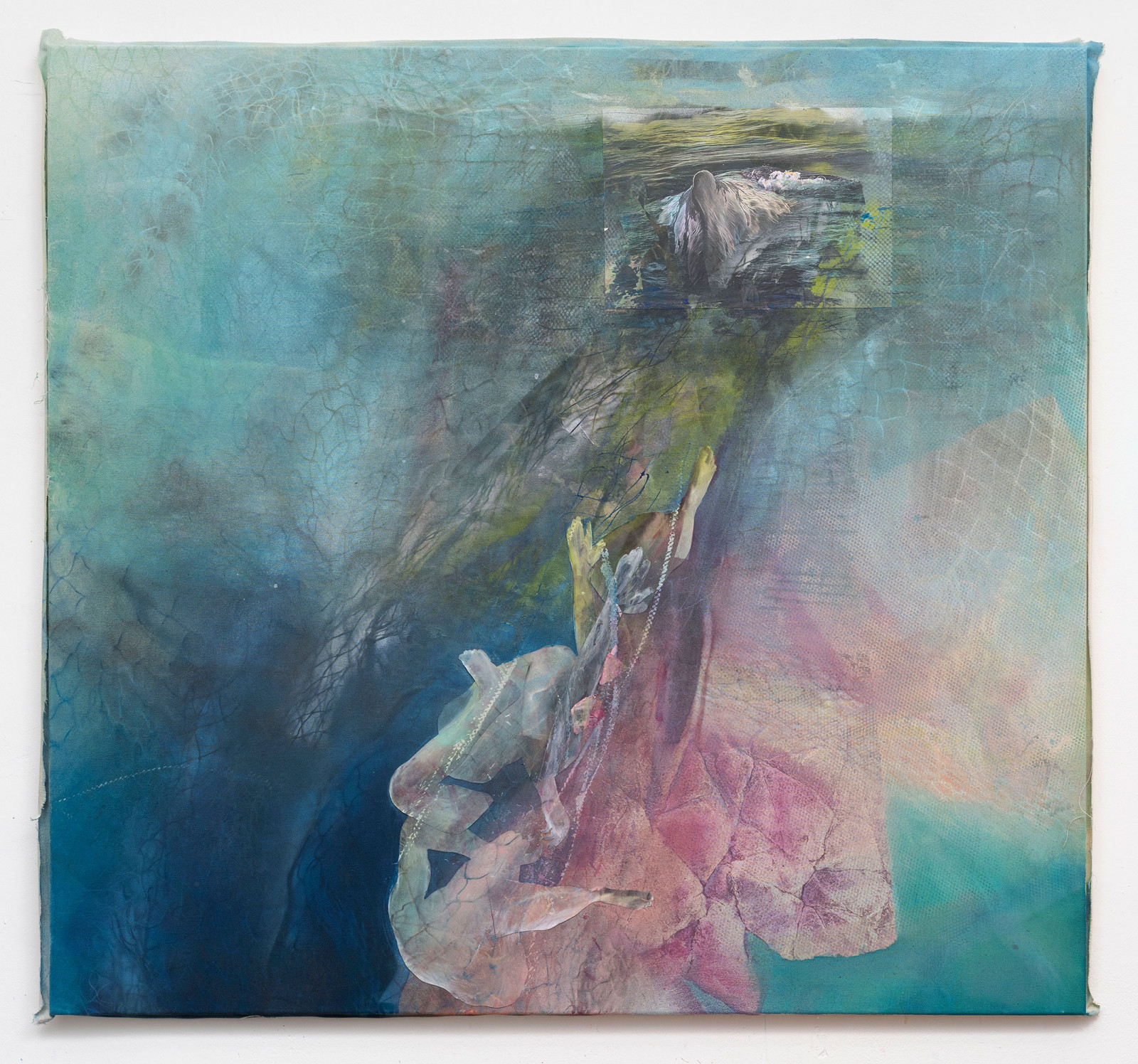 Kim Nekarda: untitled, 2025, vinyl color, acrylic, watercolour, silkscreen print & photocopy on cotton, 144 x 153 x 4 cm